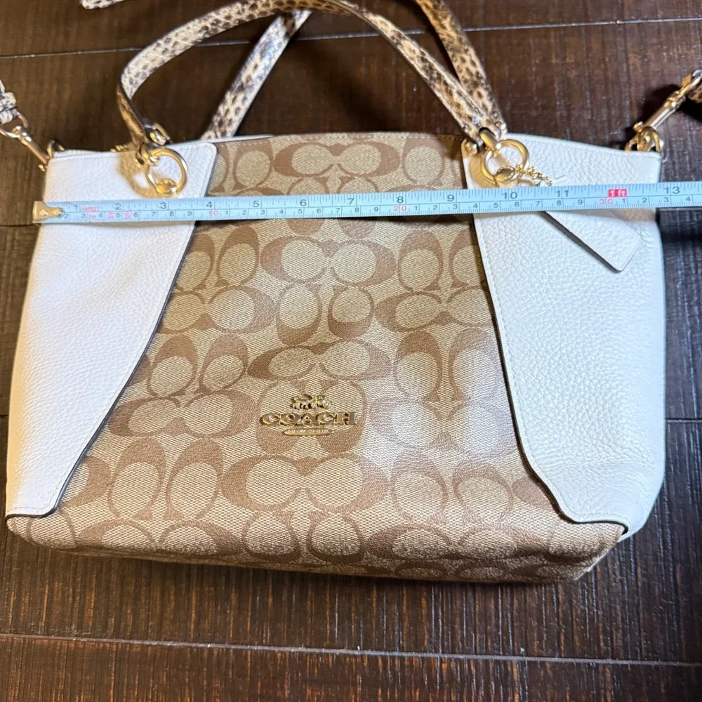 Coach Kacey Khaki Chalk Blocked Canvas Top Zip Satchel Crossbody Snakeskin Purse